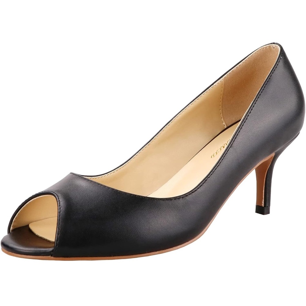 Classic Open Toe Low Kitten Heel Sandals Slip On Med Heel Peep Toe Dress Pumps